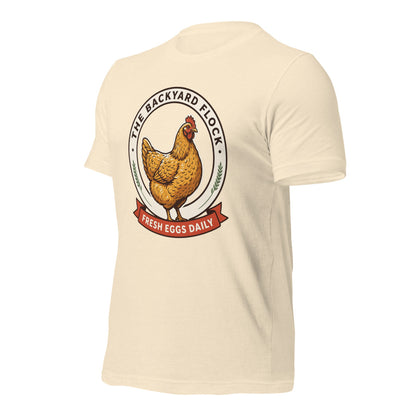 Backyard Flock heritage chicken keeper tee — Heather Natural, front-right