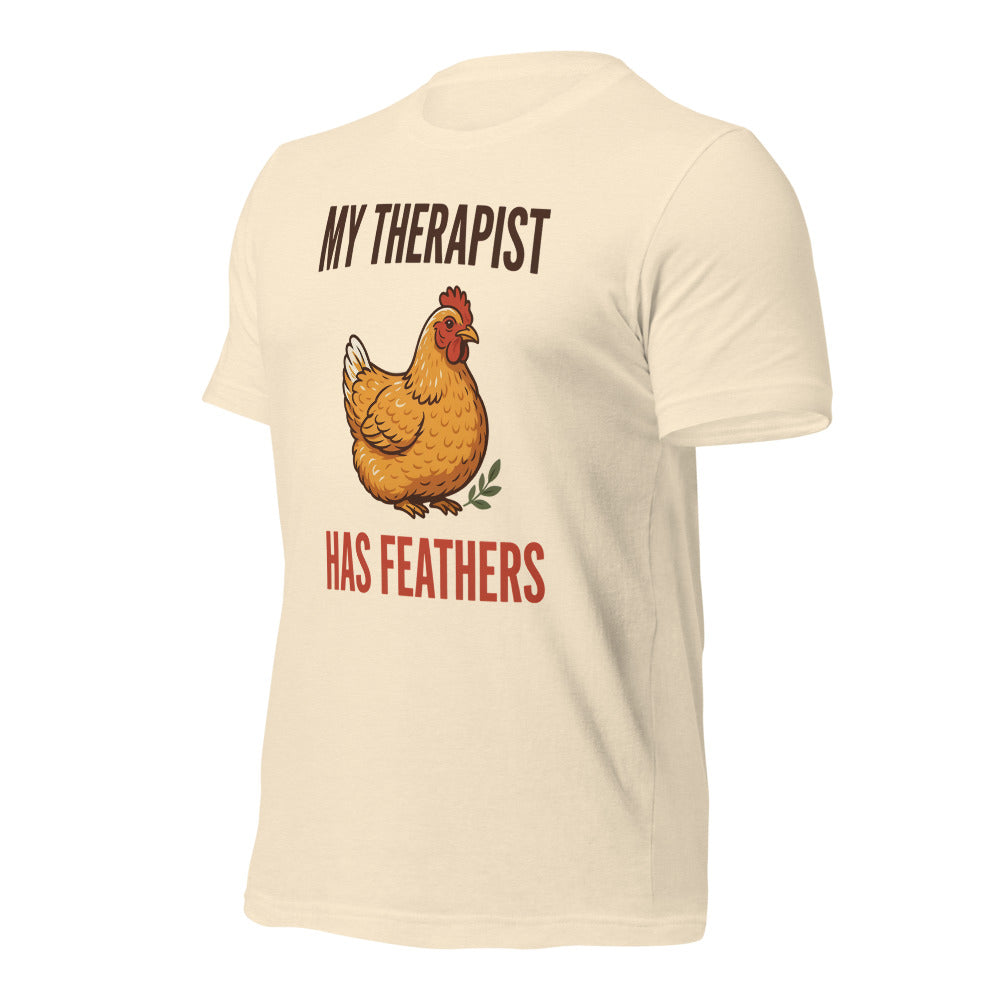 My Therapist Has Feathers funny chicken keeper tee — Heather Natural, front-right