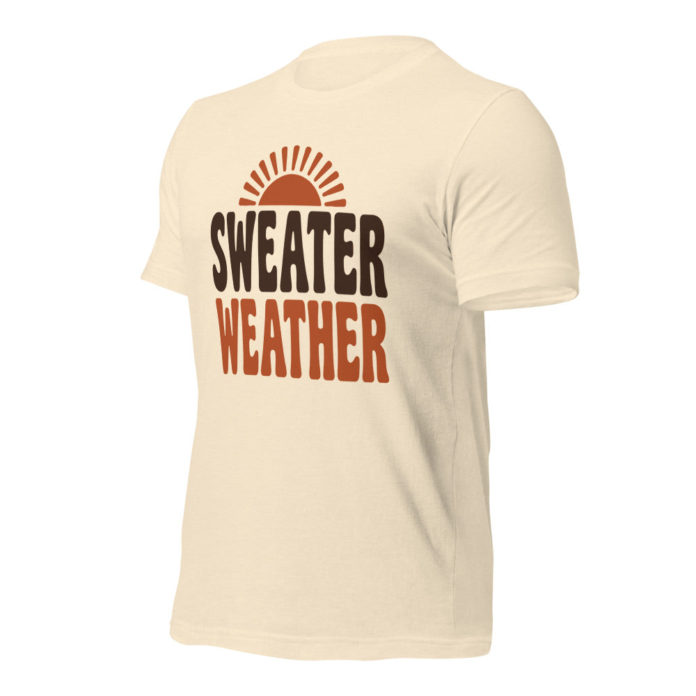 Sweater Weather retro 70s fall t-shirt — Heather Natural, front-right