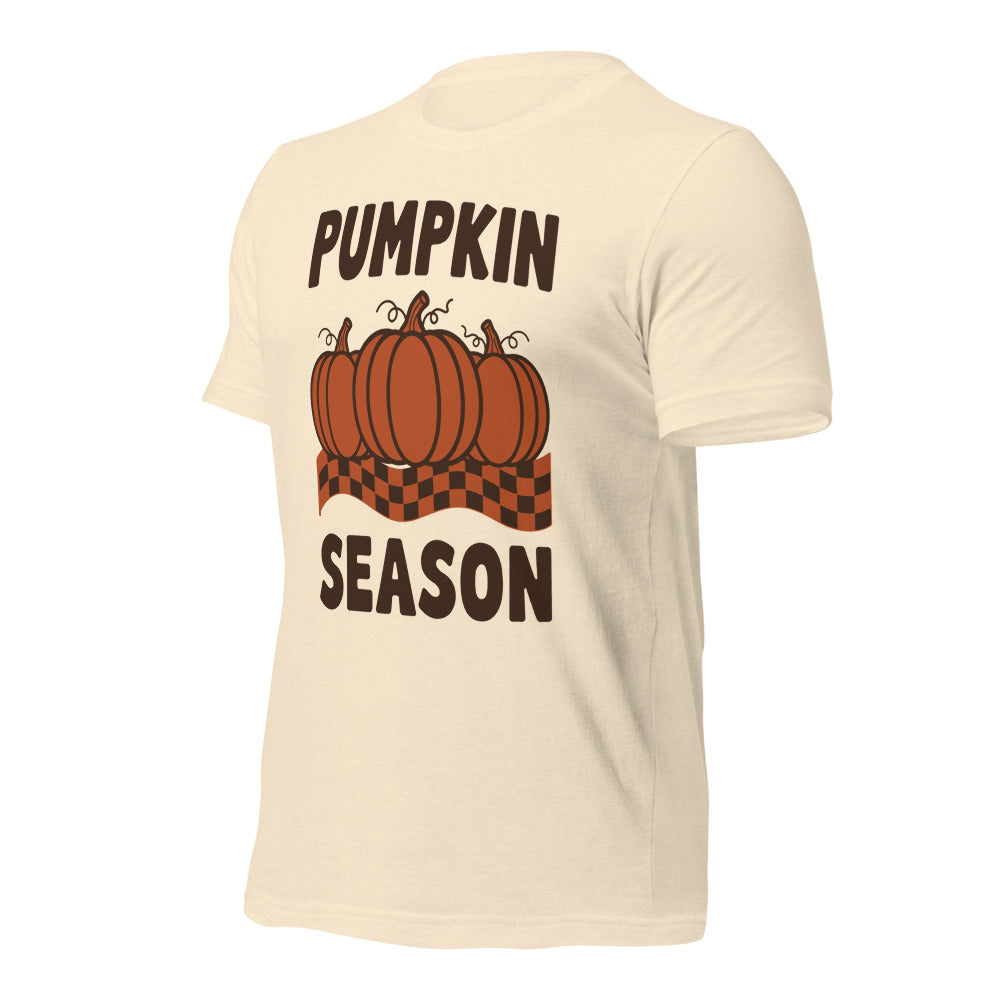 Pumpkin Season retro 70s fall t-shirt — Heather Natural, front-right