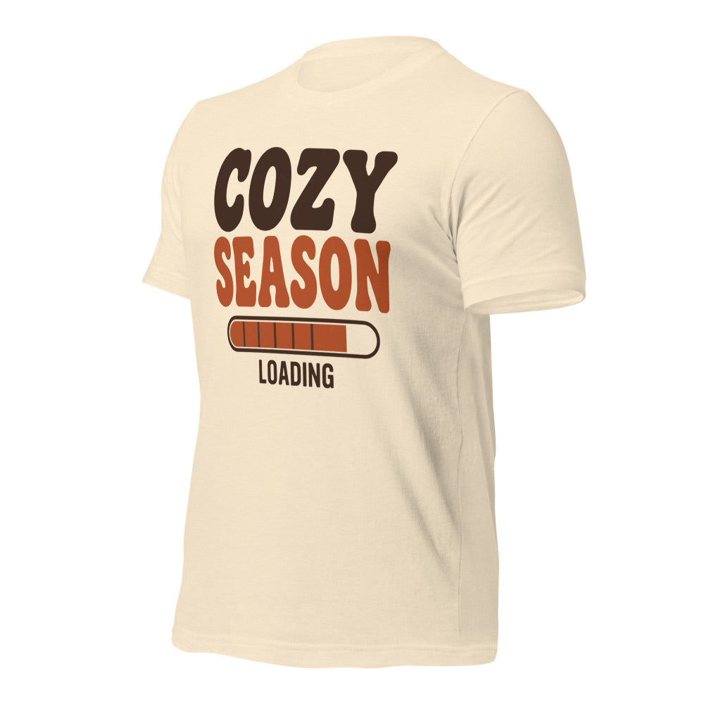 Cozy Season Loading retro 70s fall t-shirt — Heather Natural, front-right