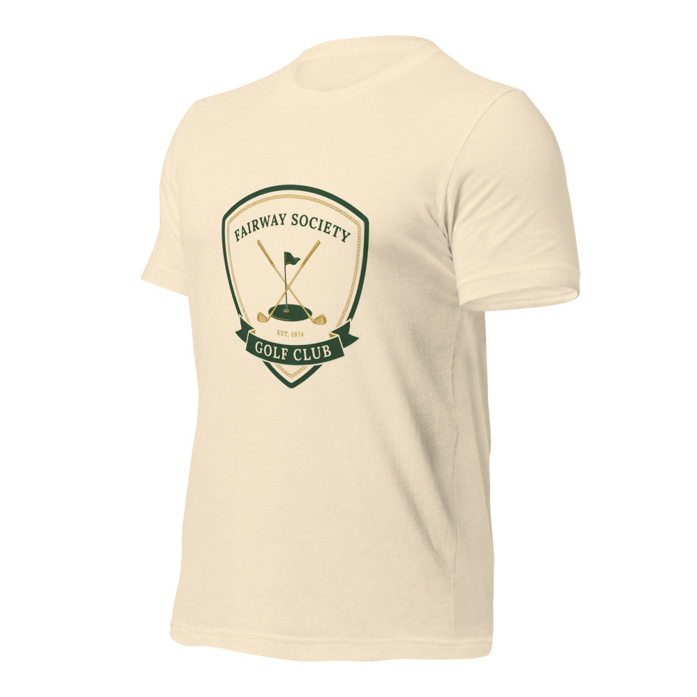 Fairway Society vintage golf club crest tee — Heather Natural, front-right