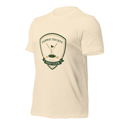Fairway Society vintage golf club crest tee — Heather Natural, front-right
