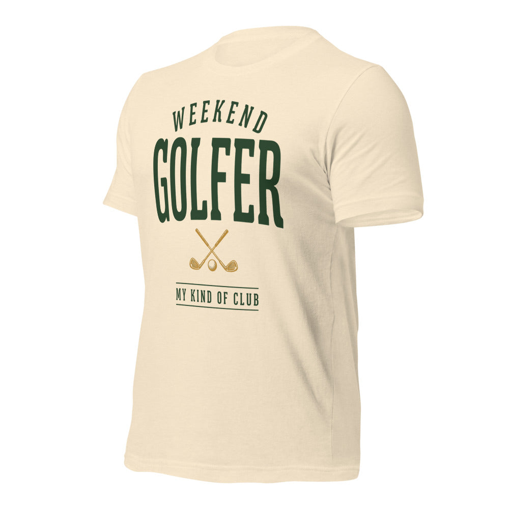 Weekend Golfer vintage golf wordmark tee — Heather Natural, front-right