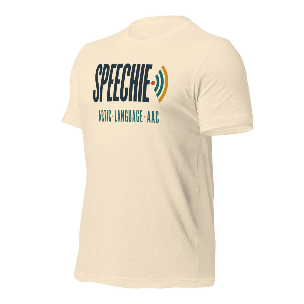 Speechie Wordmark speech therapy tee — Heather Natural, front-right