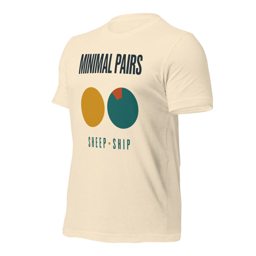 Minimal Pairs speech therapy tee — Heather Natural, front-right