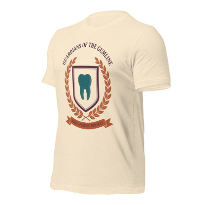 Guardians of the Gumline dental hygienist tee — Heather Natural, front-right