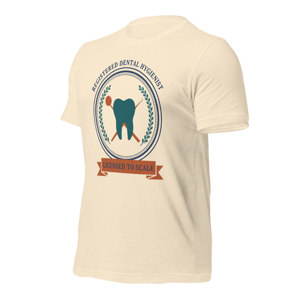 Licensed to Scale registered dental hygienist tee — Heather Natural, front-right