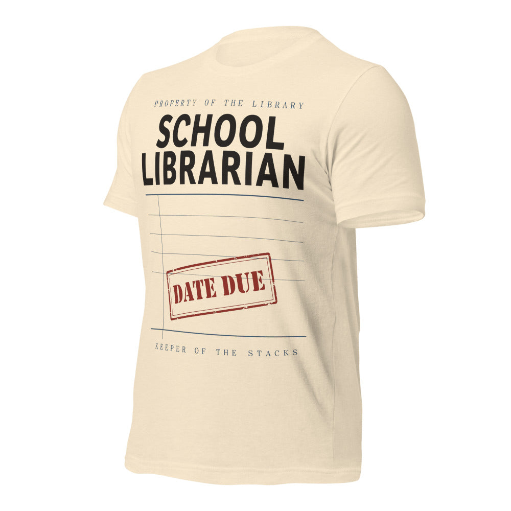 Property of the School Library card catalog school librarian tee — Heather Natural, front-right