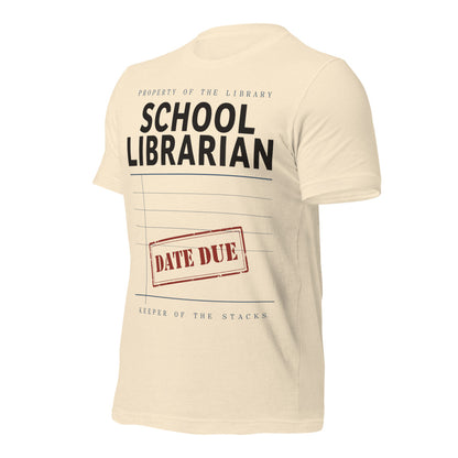 Property of the School Library card catalog school librarian tee — Heather Natural, front-right