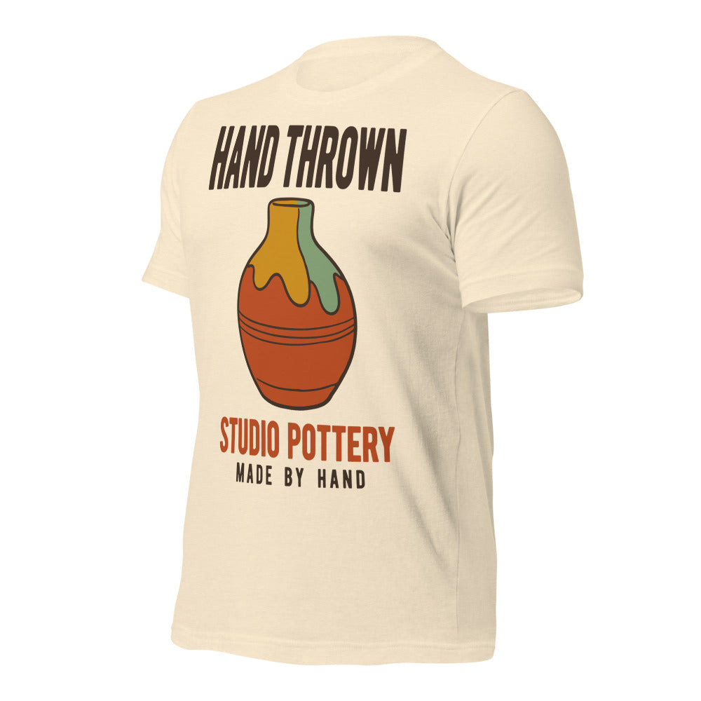 Hand Thrown Studio Pottery retro poster t-shirt — Heather Natural, front-right