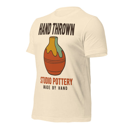 Hand Thrown Studio Pottery retro poster t-shirt — Heather Natural, front-right