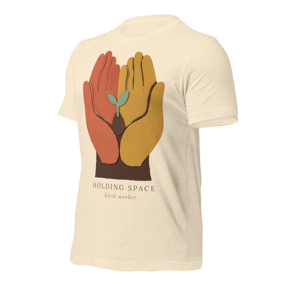 Holding Space birth worker doula t-shirt — Heather Natural, front-right