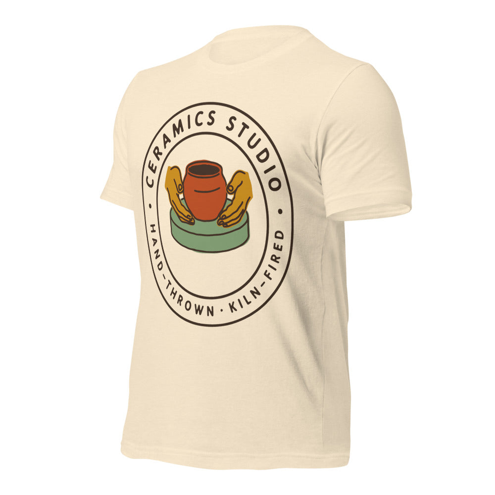 Ceramics Studio Badge hand-thrown pottery t-shirt — Heather Natural, front-right