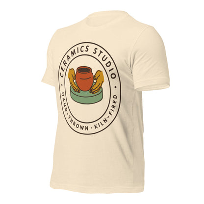 Ceramics Studio Badge hand-thrown pottery t-shirt — Heather Natural, front-right