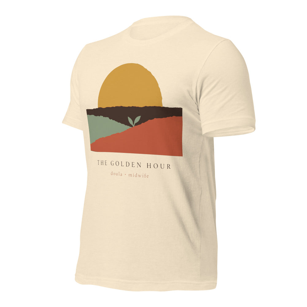 The Golden Hour birth worker doula t-shirt — Heather Natural, front-right