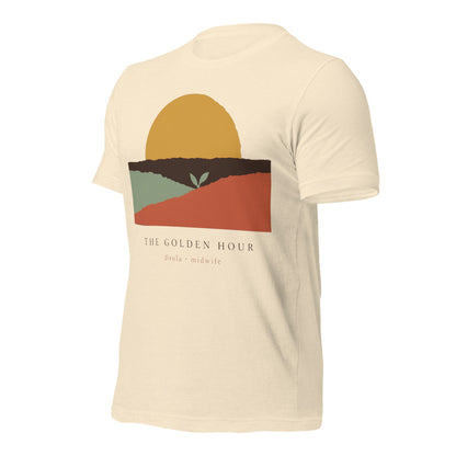 The Golden Hour birth worker doula t-shirt — Heather Natural, front-right