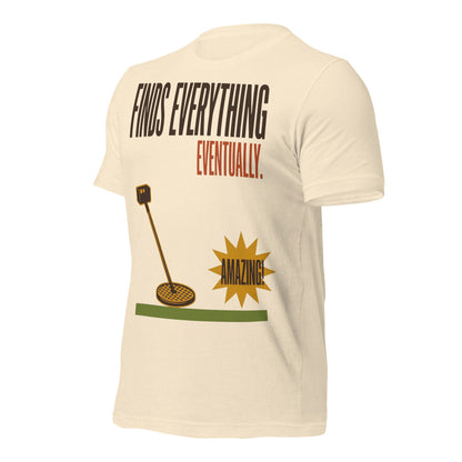 Finds Everything Eventually retro metal detecting tee — Heather Natural, front-right