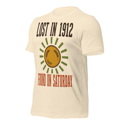 Lost in 1912 Found on Saturday retro metal detecting tee — Heather Natural, front-right