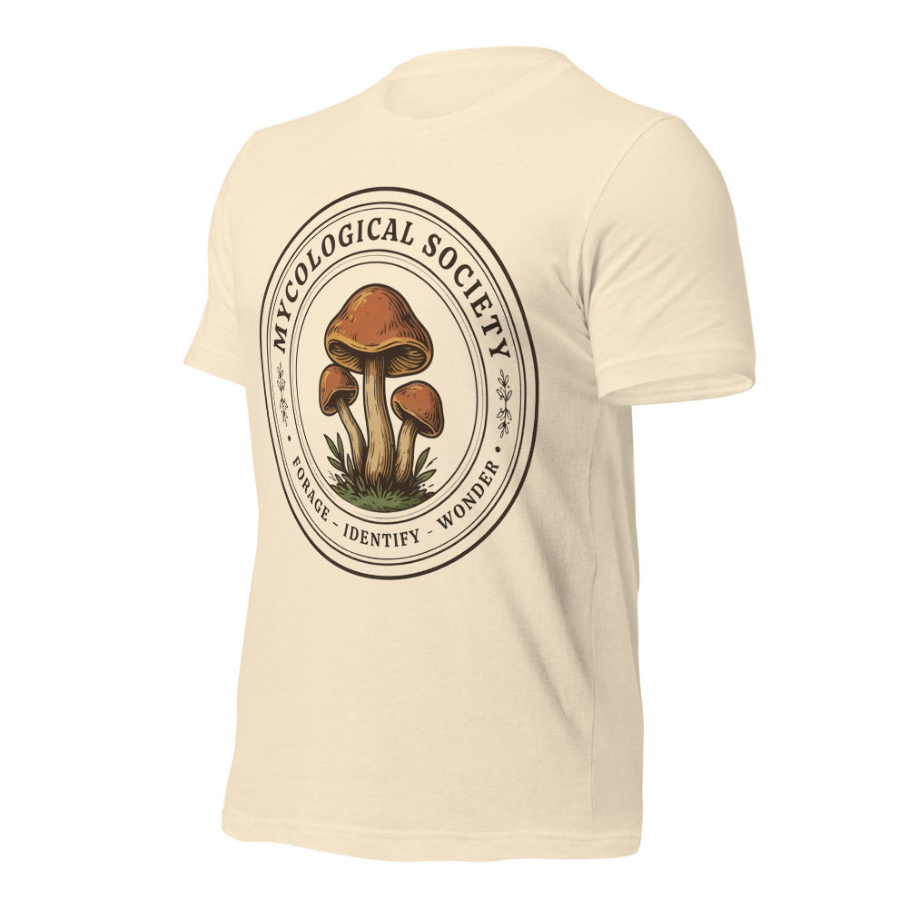 Mushroom Foraging Mycological Society vintage botanical tee — Heather Natural, front-right