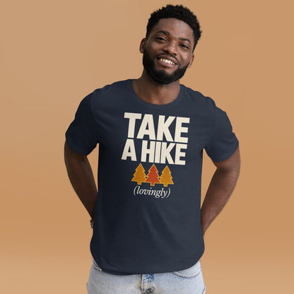 Take a Hike retro outdoors humor typography tee — Heather Navy, on model