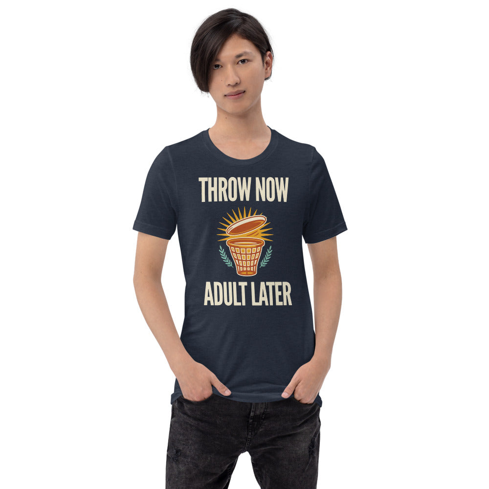 Throw Now Adult Later disc golf retro tee on model — Heather Navy