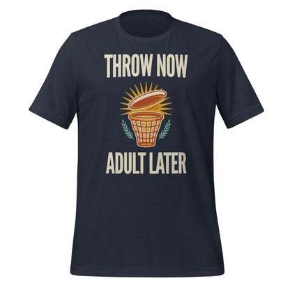 Funny disc golf shirt, Throw Now Adult Later disc golf retro tee — Heather Navy, front