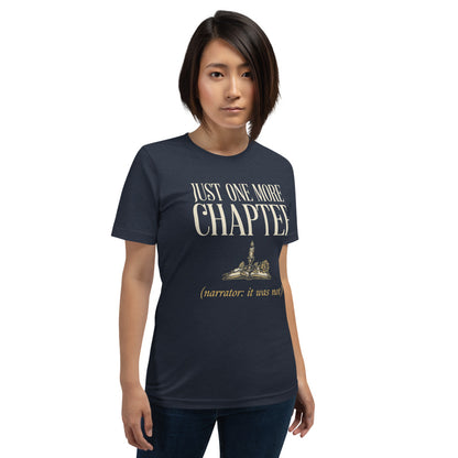 Just One More Chapter book lover dark academia tee — Heather Navy, on model