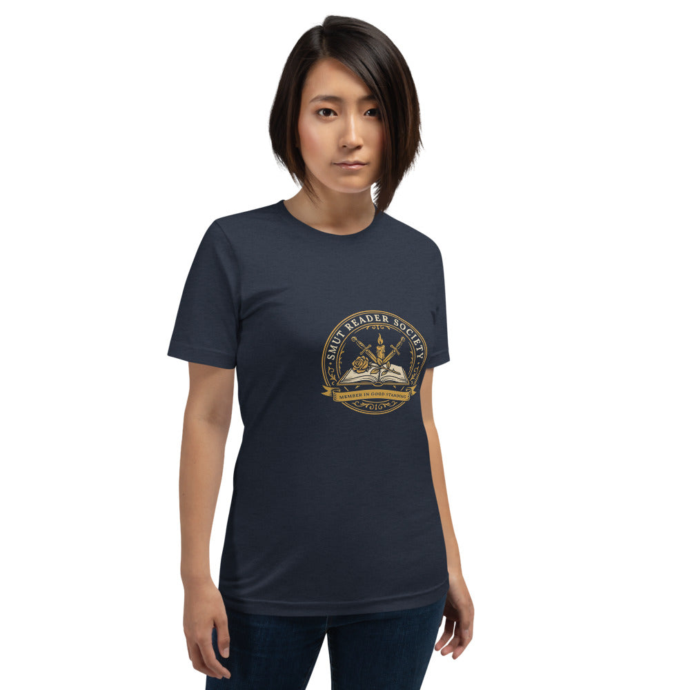 Smut Reader Society book lover dark academia tee — Heather Navy, on model