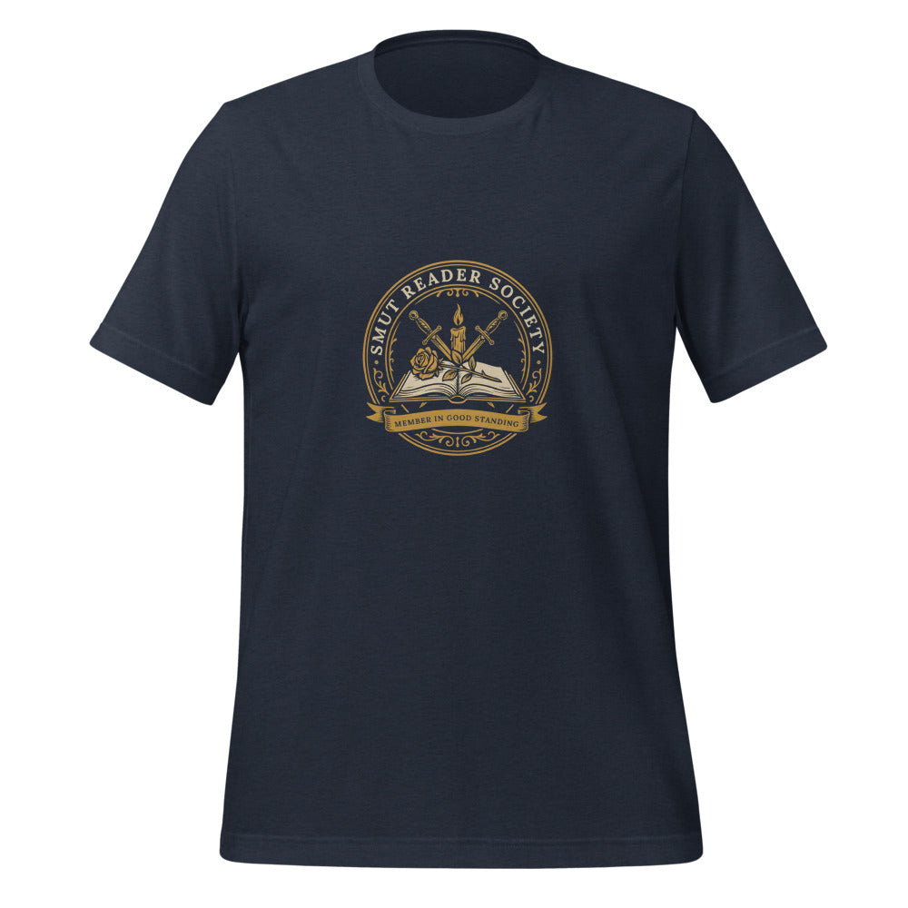 Smut Reader Society book lover dark academia tee — Heather Navy, front