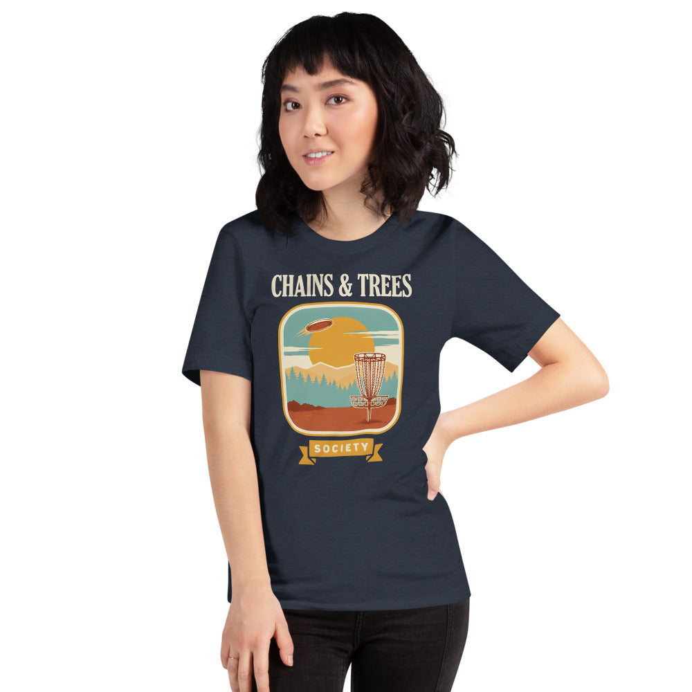 Chains & Trees Society disc golf retro landscape tee — Heather Navy, model