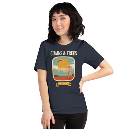 Chains & Trees Society disc golf retro landscape tee — Heather Navy, model