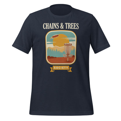 Chains & Trees Society disc golf retro landscape tee — Heather Navy, front