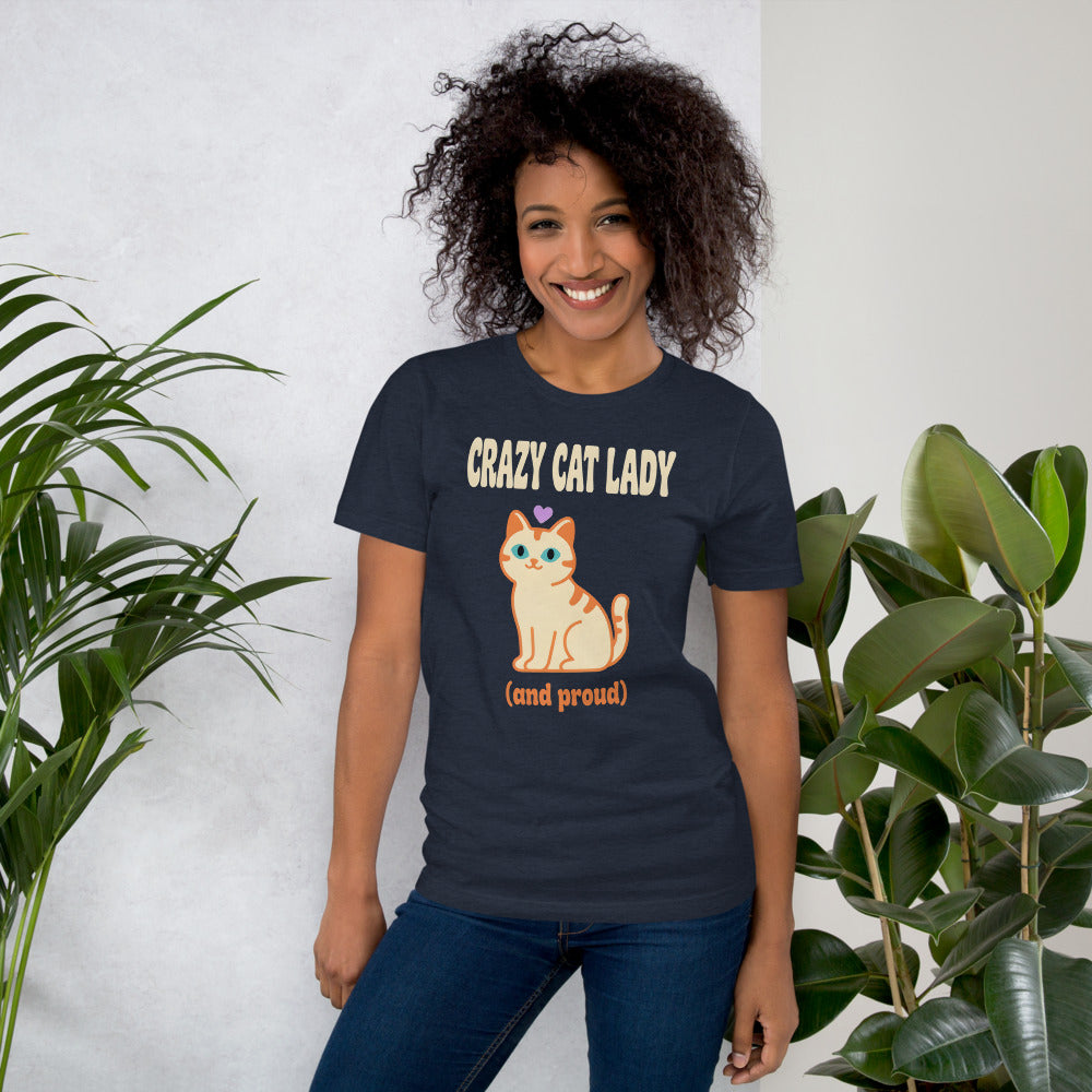 Crazy Cat Lady and Proud retro Y2K tee — Heather Navy, on model