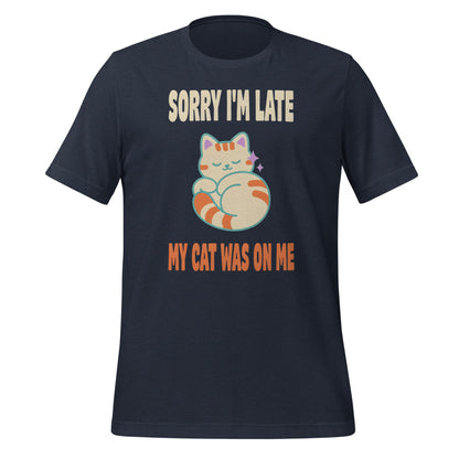 Sorry I'm Late My Cat Was On Me funny cat mom t-shirt — Heather Navy, front