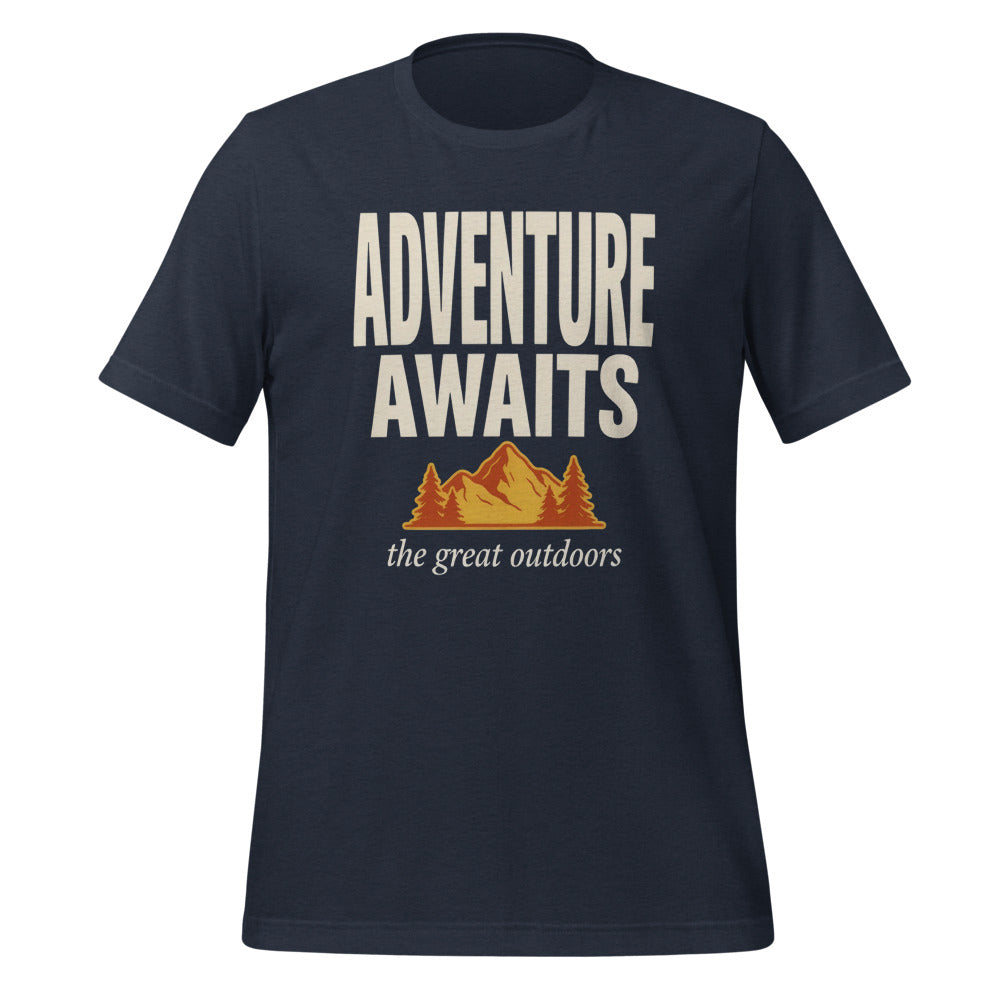Adventure Awaits retro outdoors typography tee — Heather Navy, front