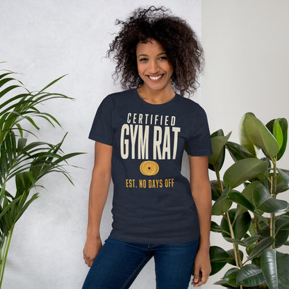 Certified Gym Rat vintage athletic tee — Heather Navy, on model