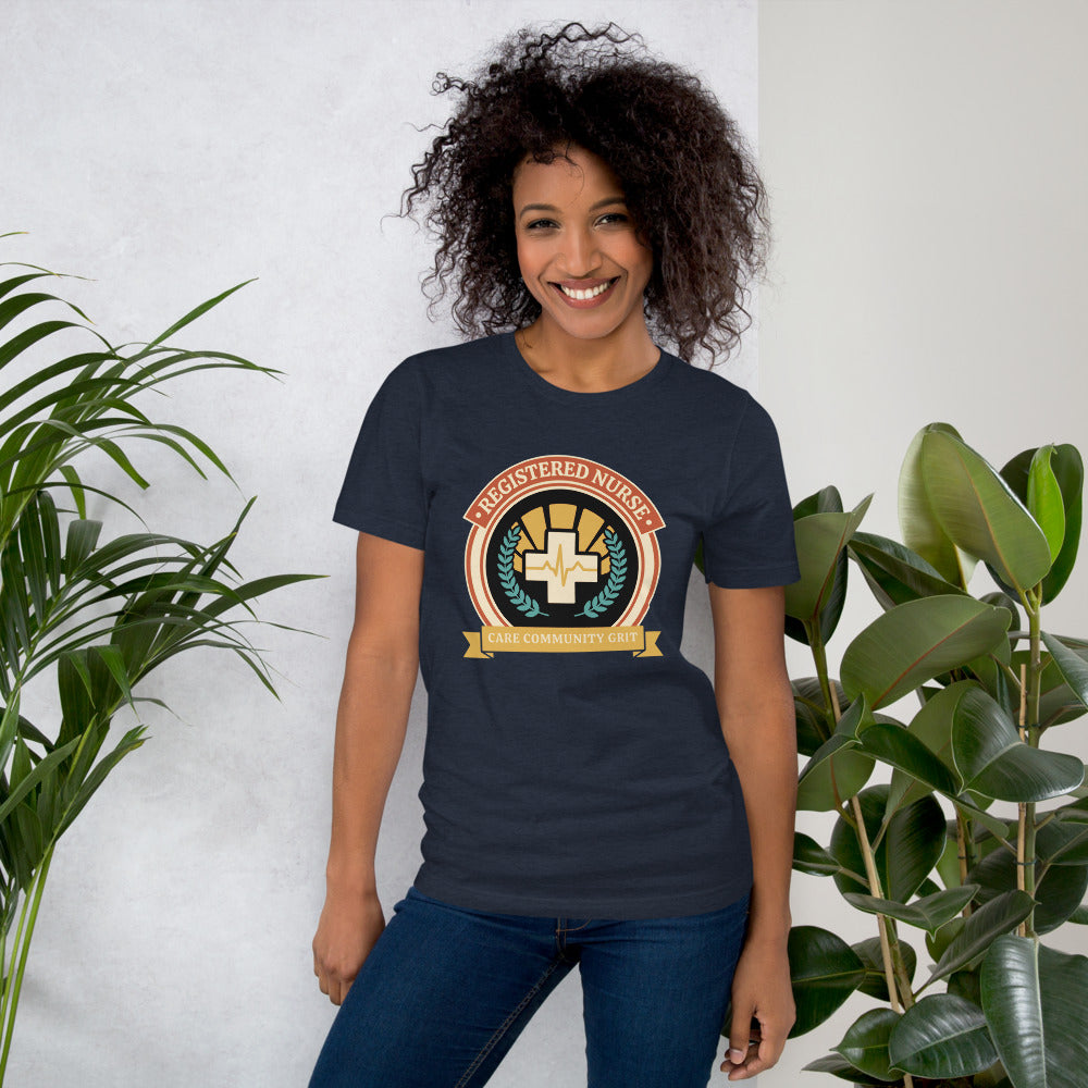 Registered Nurse vintage healthcare emblem badge tee — Heather Navy, on model