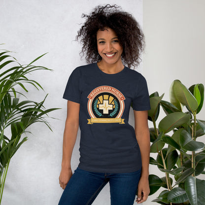Registered Nurse vintage healthcare emblem badge tee — Heather Navy, on model