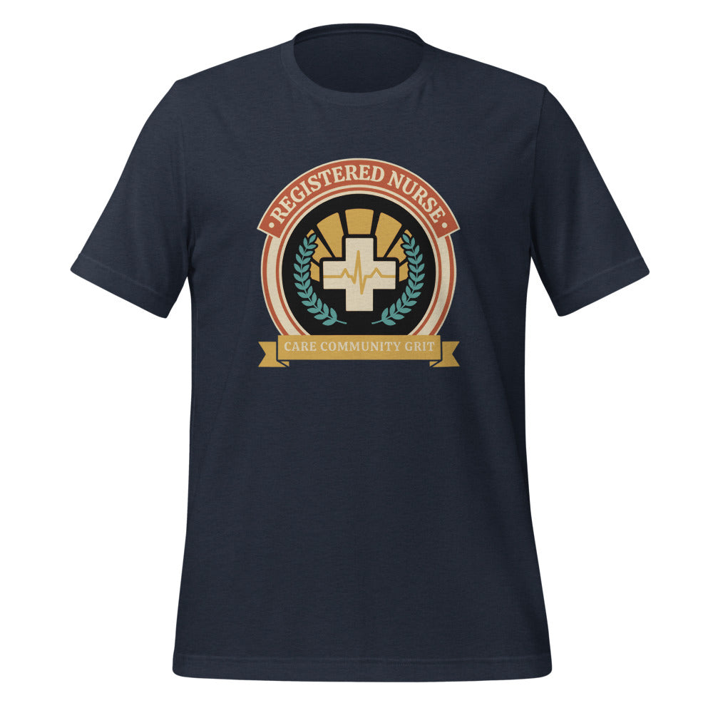 Registered Nurse vintage healthcare emblem badge tee — Heather Navy, front