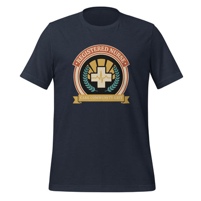 Registered Nurse vintage healthcare emblem badge tee — Heather Navy, front