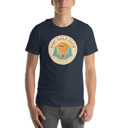 Disc Golf Club retro badge tee — Heather Navy, on model