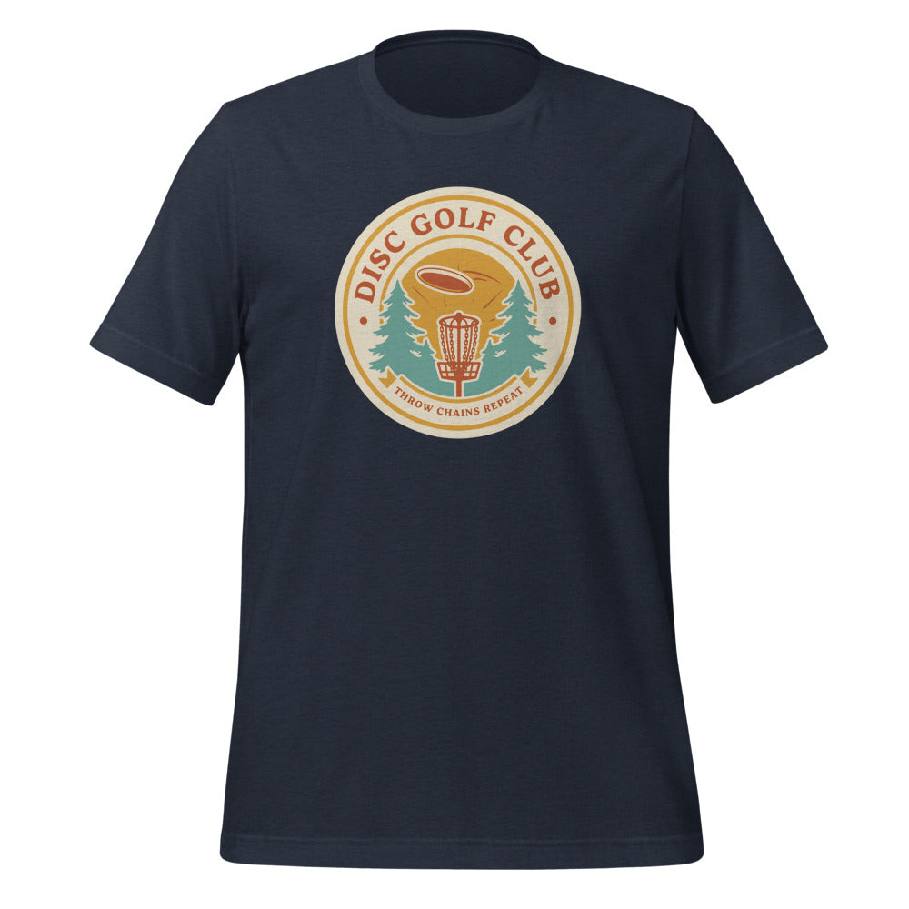 Disc Golf Club retro badge tee — Heather Navy, front