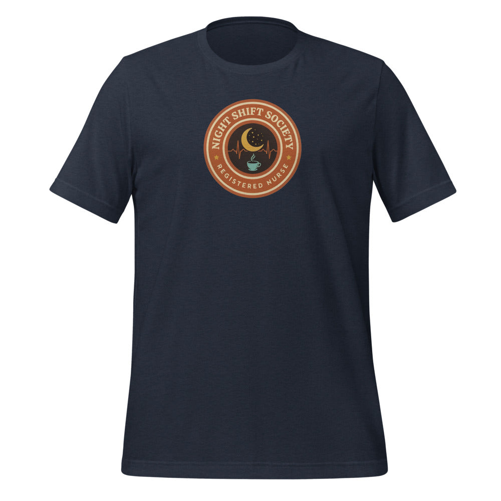 Night Shift Society retro registered nurse badge tee — Heather Navy, front