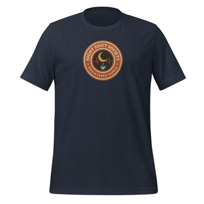 Night Shift Society retro registered nurse badge tee — Heather Navy, front