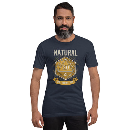 Natural 20 critical hit d20 tabletop RPG tee — Heather Navy, on model