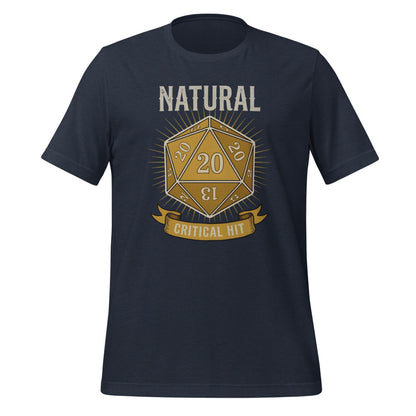 Natural 20 critical hit d20 tabletop RPG tee — Heather Navy, front