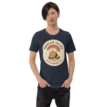 Problem Solver Bouldering Badge t-shirt — Heather Navy, on model