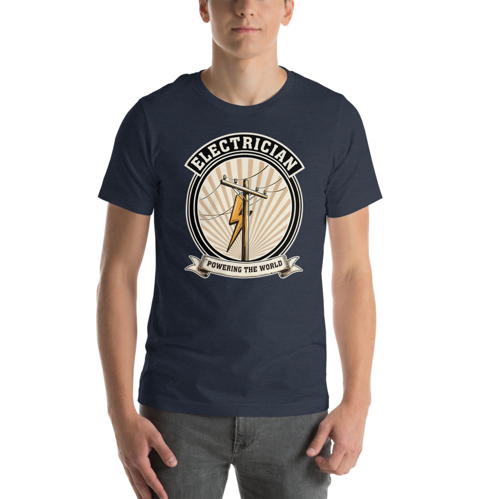Powering The World electrician emblem tee — Heather Navy, on model