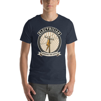 Powering The World electrician emblem tee — Heather Navy, on model